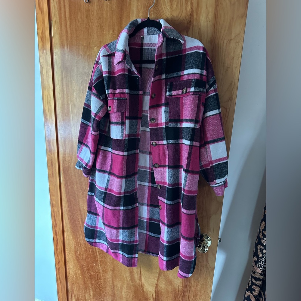 Pink Plaid Button-Up Shacket-Small - image 1
